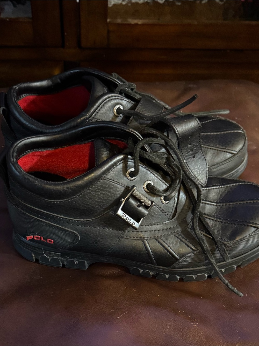 Polo by Ralph Lauren Black Leather Men’s Lace-Up Sneakers with Red Interior